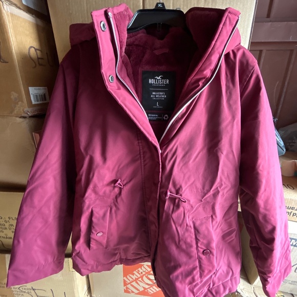 Hollister All Weather Winter Jacket Faux Fur Burgundy Red Large Women - Picture 1 of 7